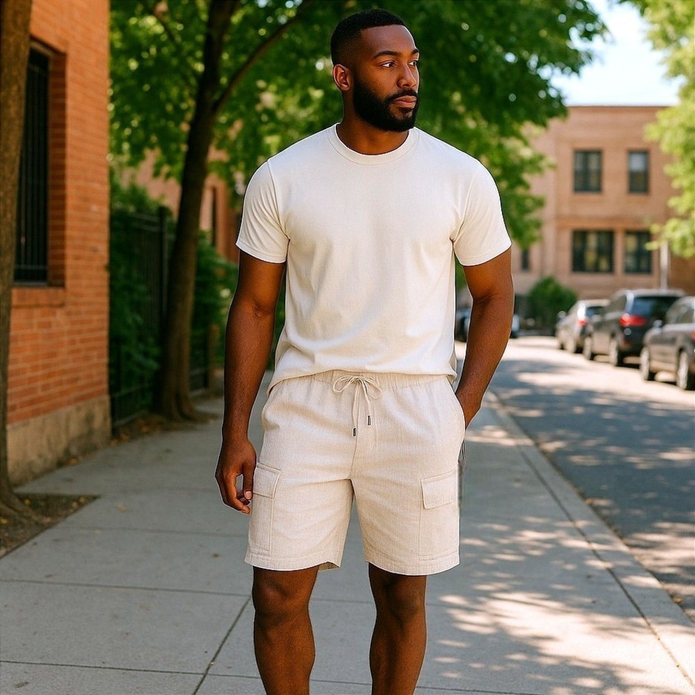 NEW Mens (L) Linen Cargo Shorts‎ Techni-Cole Beige Drawstring Casual Old Money